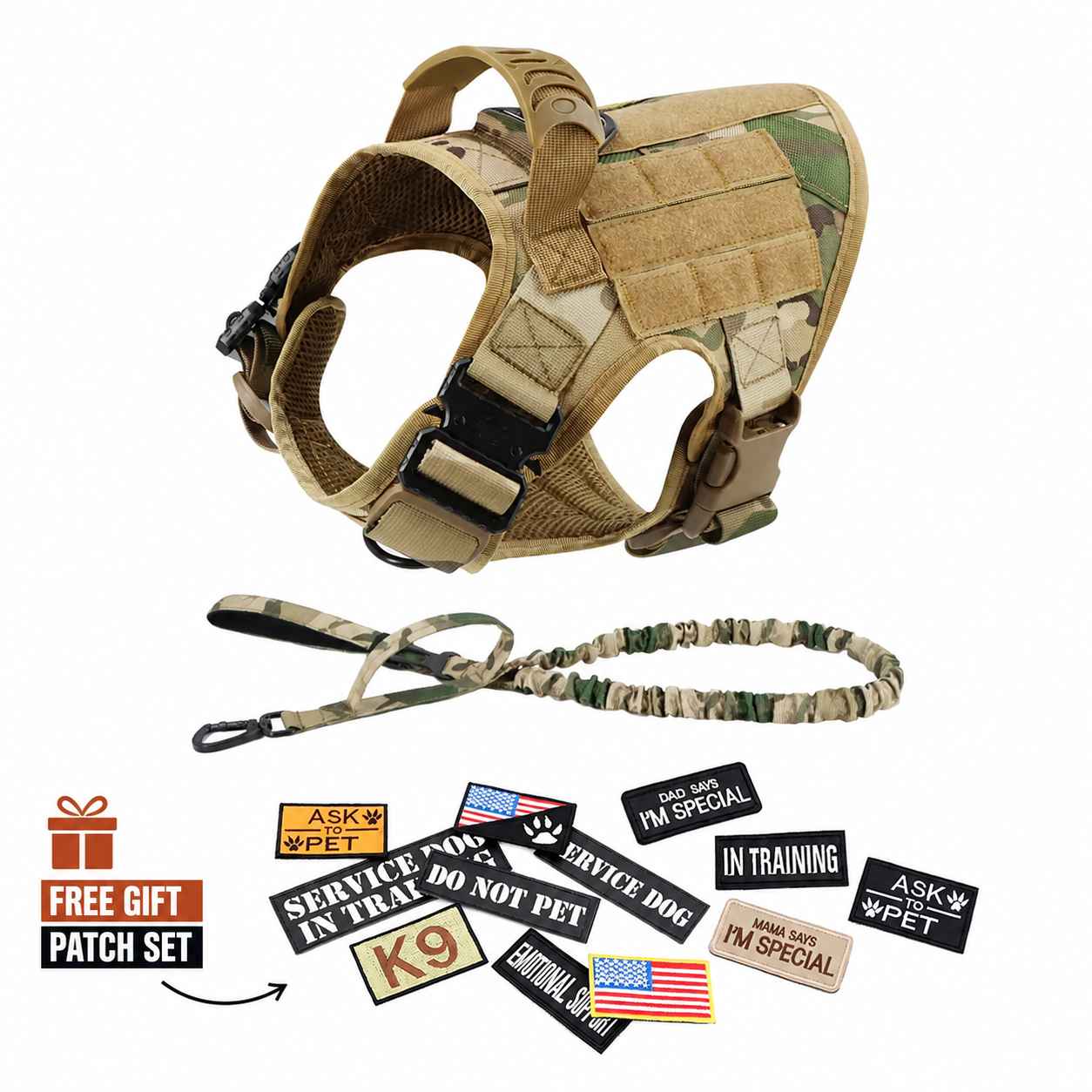 A tactical dog harness in tan and camouflage is shown with a matching camouflage leash and a set of service dog patches on a white background. A promotional badge in the lower left reads 'FREE GIFT PATCH SET' with an arrow pointing to the patches.