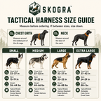 A Skogra Tactical Harness Size Guide infographic for dogs, showing chest girth and neck measurements for Small, Medium, Large, and Extra Large breeds with breed examples and weight ranges.
